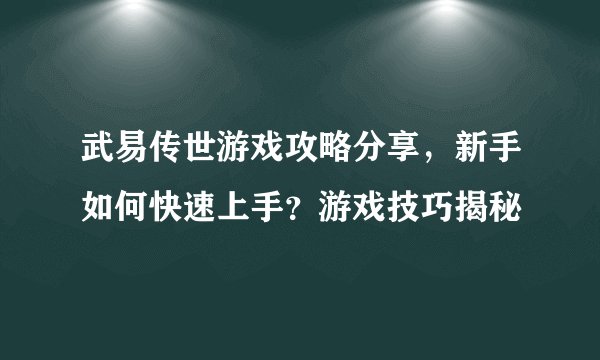 武易传世游戏攻略分享，新手如何快速上手？游戏技巧揭秘