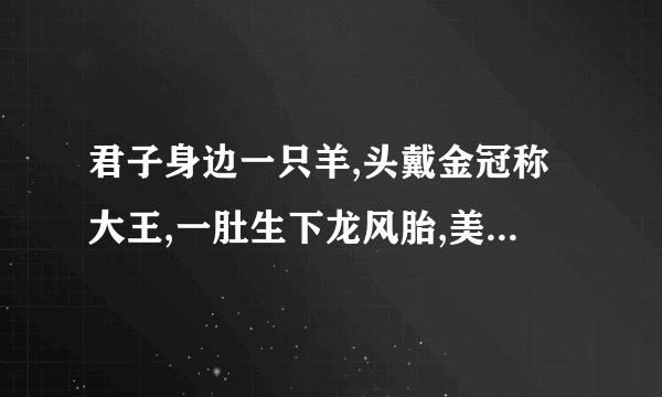 君子身边一只羊,头戴金冠称大王,一肚生下龙风胎,美艳惊得丰躲藏,猜四个字
