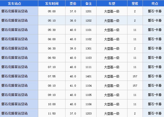 磐石到长春的客车时刻表查询
